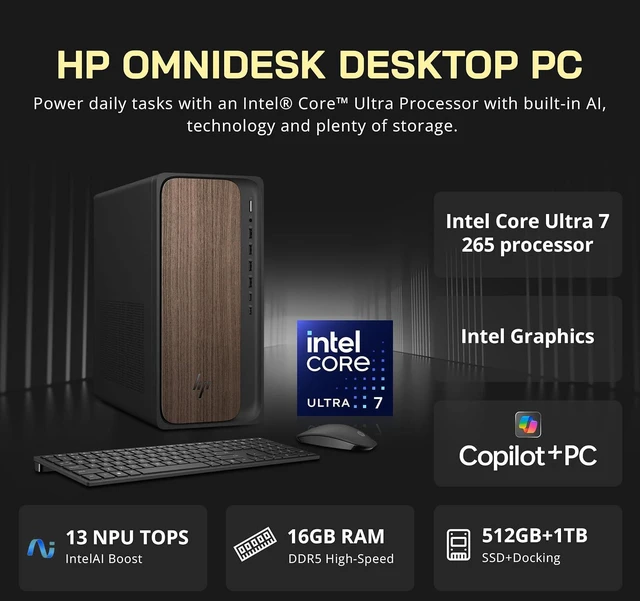 Alt view image 3 of 7 - HP OmniDesk Desktop, Intel Core Ultra 7 265, 16GB DDR5, 2TB Storage (1TB PCle SSD+1TB Docking Station), Intel Graphics, Wireless Keyboard & Mouse, Wi-Fi 6, Bluetooth, Win 11, Dark Wood