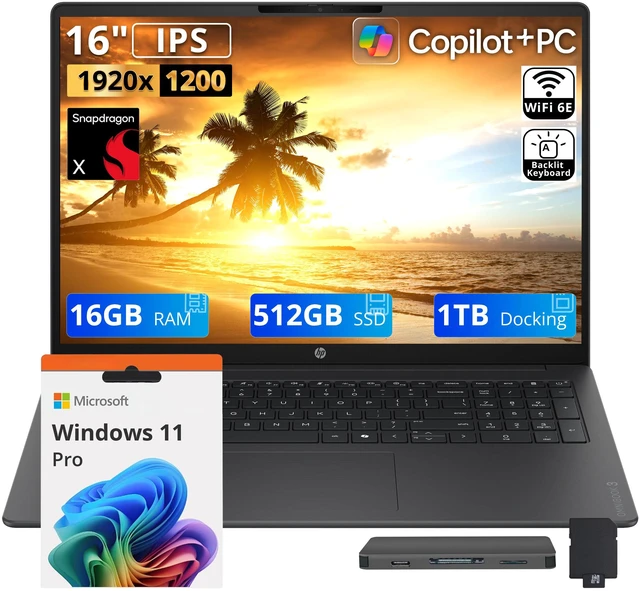 Main image of HP OmniBook 3 16" 2K Laptop, Snapdragon X X1-26-100, 16GB LPDDR5X, 1.5TB Storage (512GB SSD+1TB Docking Station Set), Qualcomm Adreno GPU, Copilot+ PC, Backlit Keyboard, Win 11 Pro, Iron Gray
