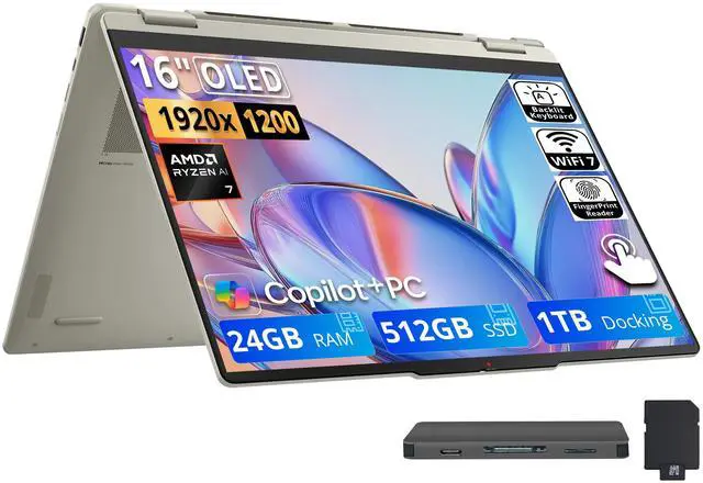 Main image of Lenovo Yoga 7a 2-in-1 16" 2K OLED Touchscreen Laptop, AMD Ryzen AI 7 445, 24GB LPDDR5X, 1.5TB Storage(512GB SSD+1TB Docking Station), Backlit Keyboard, Fingerprint Reader, Win 11, Seashell