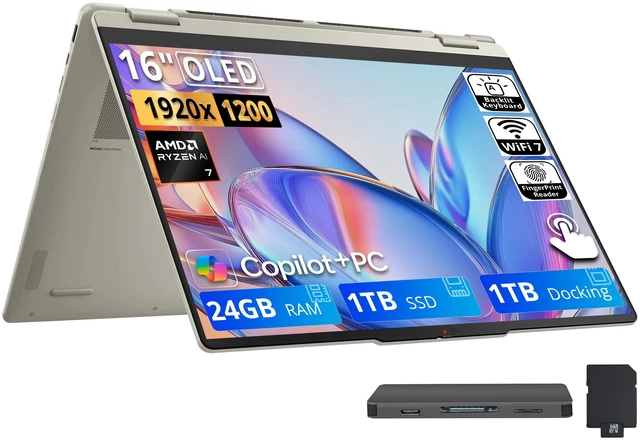Main image of Lenovo Yoga 7a 2-in-1 16" 2K OLED Touchscreen Laptop, AMD Ryzen AI 7 445, 24GB LPDDR5X, 2TB Storage(1TB SSD+1TB Docking Station), Backlit Keyboard, Fingerprint Reader, Win 11, Seashell
