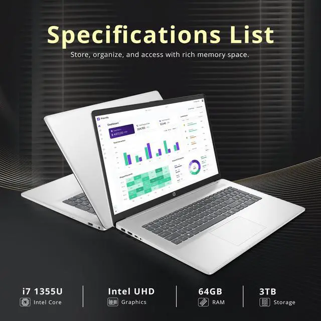 Alt view image 3 of 7 - HP 17.3" FHD Business Laptop, Intel Core i7-1355U, 64GB RAM, 3TB Storage(2TB SSD+1TB Docking Station), Intel UHD Graphics, Full-Size Keyboard, Numeric Pad, Copilot, Win 11 Pro, Silver