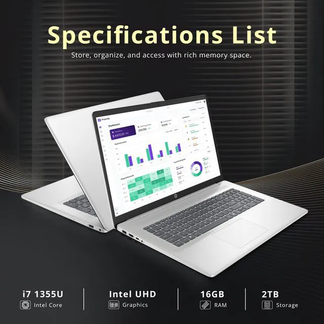 Alt view image 3 of 7 - HP 17.3" FHD Business Laptop, Intel Core i7-1355U, 16GB RAM, 2TB Storage(1TB SSD+1TB Docking Station), Intel UHD Graphics, Full-Size Keyboard, Numeric Pad, Copilot, Win 11, Silver