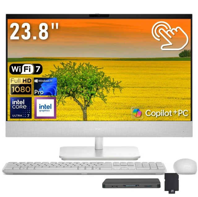 Main image of Dell All-in-One AI Desktop, 23.8" FHD Touchscreen Display, Intel Ultra 7-355, 32GB RAM, 2TB Storage (1TB SSD+1TB Docking Station), Intel Graphics, Wireless Keyboard & Mouse, Win 11 Pro, White
