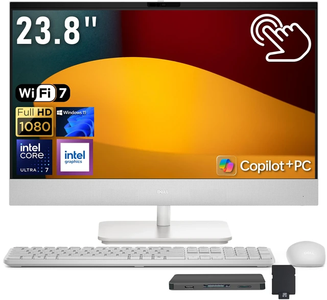 Main image of Dell All-in-One AI Desktop, 23.8" FHD Touchscreen Display, Intel Ultra 7-355, 16GB RAM, 2TB Storage (1TB SSD+1TB Docking Station), Intel Graphics, Wireless Keyboard & Mouse, Win 11, White