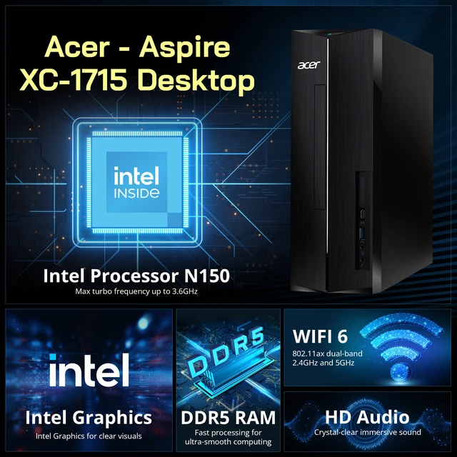Alt view image 4 of 7 - Acer Aspire XC1715 Desktop,Intel Processor N150,8GB DDR5,512GB SSD+1TB Docking Station,Intel Graphics,Win 11,USB Keyboard&Mouse,Wi-Fi 6,Black