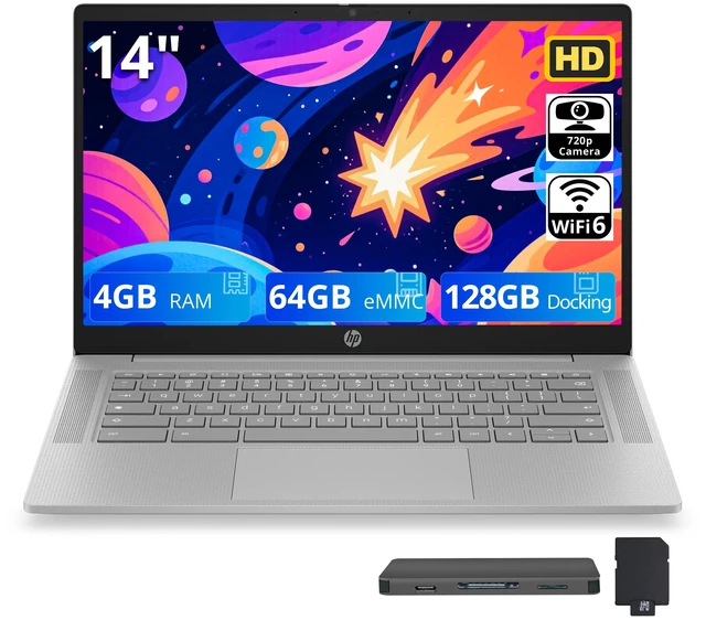 Main image of HP 14" HD Display Chromebook,MediaTek Kompanio 540,4GB RAM,64GB eMMC+128GB Dock Set,Chrome OS,Modern Gray