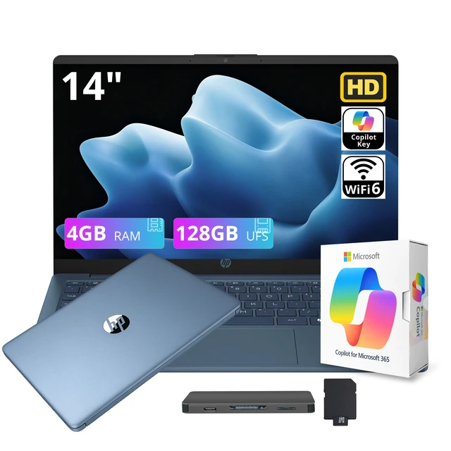 Main image of HP Stream 14" HD Student&Business Laptop with AI Copilot, Intel Processor N150, 4GB RAM, 288GB Storage(128GB UFS+160GB Docking Station), 1 Year Office 365, Wi-Fi 6, Win 11, Waterfall Blue