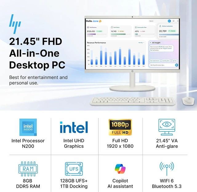 Alt view image 3 of 7 - HP 21.45" FHD All-in-One Business Desktop, Intel Processor N200, 8GB DDR5, 1.12TB Storage (128GB UFS+1TB Docking Station), Intel UHD Graphics, Wireless Keyboard & Mouse, Wi-Fi 6, Win 11 S, White