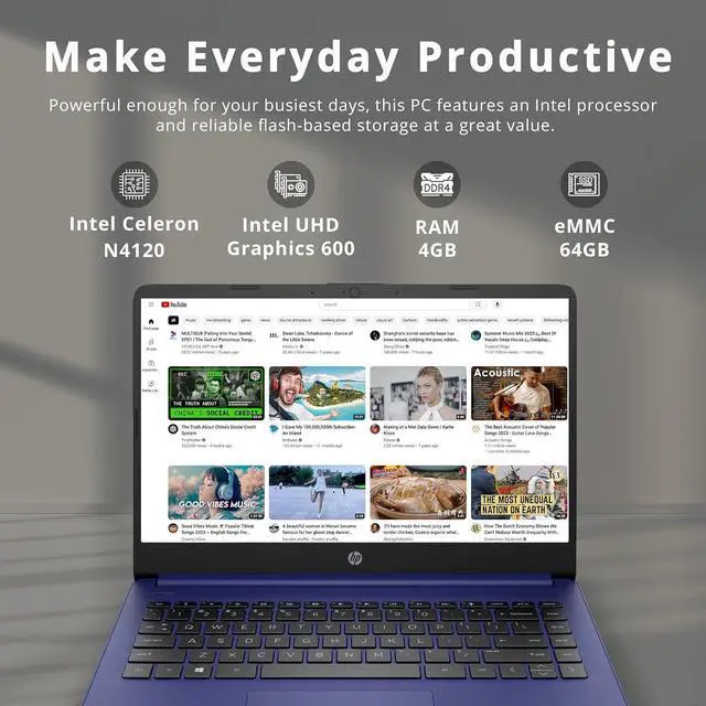 Alt view image 2 of 7 - HP Stream 14" HD BrightView Laptop, Intel Celeron N4120, 4GB RAM, 64GB eMMC, Intel UHD Graphics, 720p Webcam, 1 Year Office 365, Blue, Win 11 S, 32GB Hotface USB Card