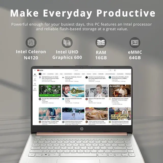Alt view image 2 of 7 - HP Stream 14" HD BrightView Laptop, Intel Celeron N4120, 16GB RAM, 64GB eMMC, Intel UHD Graphics, 720p Webcam, 1 Year Office 365, Rose Gold, Win 11 S, 32GB Hotface USB Card