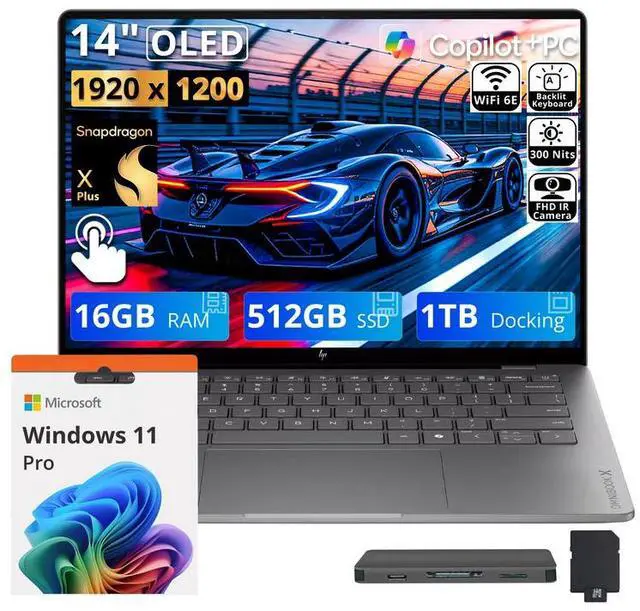 Main image of HP 14" OmniBook X Laptop for Work, Snapdragon X Plus X1P-42-100, 16GB LPDDR5X, 1.5TB Storage (512GB SSD+1TB Docking Station), Adreno Graphics, Long Battery Life, Webcam, Win11 Pro, Meteor Silver