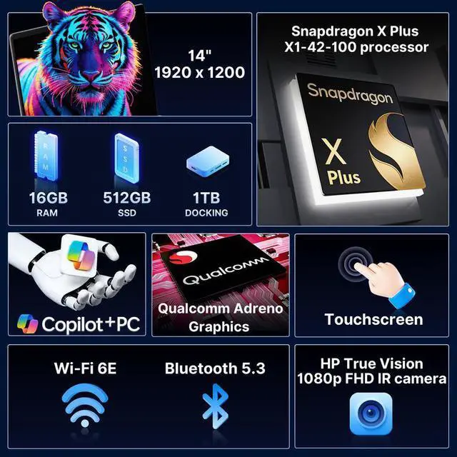 Alt view image 3 of 7 - HP 14" OmniBook X Laptop for Work & Creation, Snapdragon X Plus, 16GB LPDDR5X, 1.5TB Storage (512GB SSD+1TB Docking Station), Adreno Graphics, Long Battery Life, Webcam, Windows 11, Meteor Silver