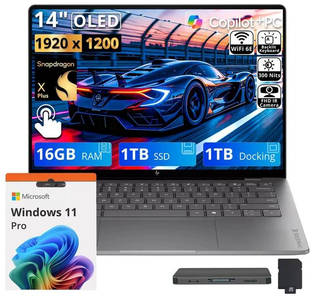 Main image of HP 14" OmniBook X Laptop for Work&Creation, Snapdragon X Plus X1P-42-100, 16GB LPDDR5X, 2TB Storage (1TB SSD+1TB Docking Station), Adreno Graphics, Long Battery Life, Webcam, Win11 Pro, Meteor Silver