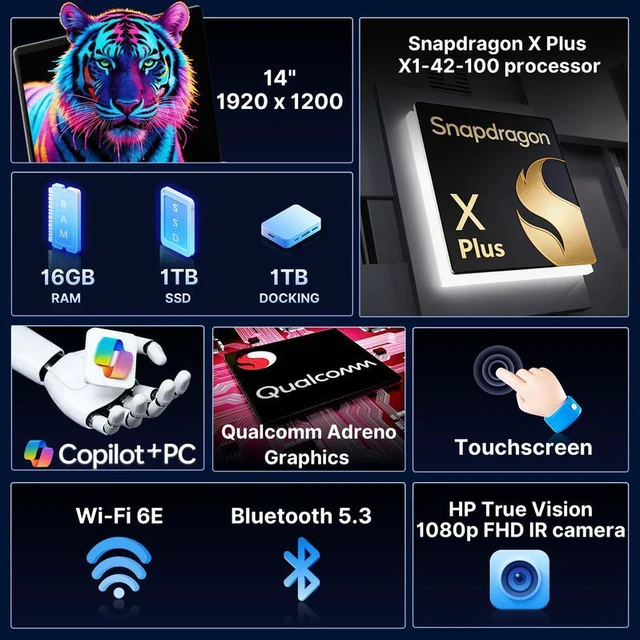 Alt view image 3 of 7 - HP 14" OmniBook X Laptop for Work & Creation, Snapdragon X Plus X1P-42-100, 16GB LPDDR5X, 2TB Storage (1TB SSD+1TB Docking Station), Adreno Graphics, Long Battery Life, Webcam, Win 11, Meteor Silver