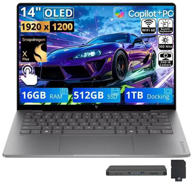 Main image of HP 14" OmniBook X Laptop for Work & Creation, Snapdragon X Plus, 16GB LPDDR5X, 1.5TB Storage (512GB SSD+1TB Docking Station), Adreno Graphics, Long Battery Life, Webcam, Windows 11, Meteor Silver