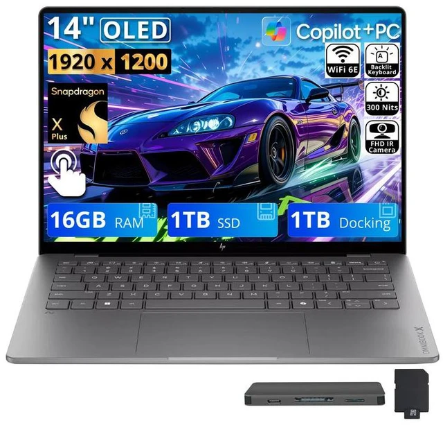 Main image of HP 14" OmniBook X Laptop for Work & Creation, Snapdragon X Plus X1P-42-100, 16GB LPDDR5X, 2TB Storage (1TB SSD+1TB Docking Station), Adreno Graphics, Long Battery Life, Webcam, Win 11, Meteor Silver