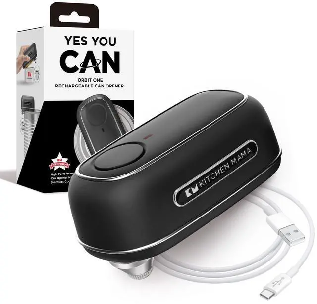 Main image of Kitchen Mama Orbit One Rechargeable Can Opener: Hands-Free, USB-C Charging, Auto Shut-Off, Smooth Edge, Professional Blade for Large Cans, with Elegant Storage Box (Black)