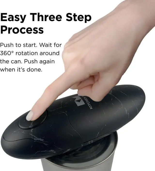 Alt view image 2 of 7 - Kitchen Mama Electric Can Opener 2.0: Upgraded Blade Opens Any Can Shape - No Sharp Edge, Food-Safe, Handy with Lid Lift, Battery Operated Handheld Can Opener (Marble Black)