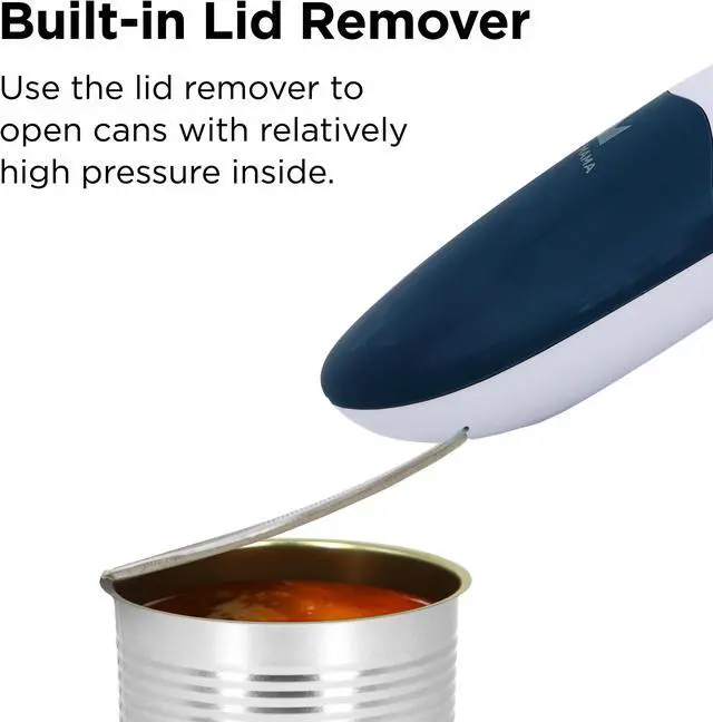 Alt view image 5 of 6 - Kitchen Mama Electric Can Opener 2.0: Upgraded Blade Opens Any Can Shape - No Sharp Edge, Food-Safe, Handy with Lid Lift, Battery Operated Handheld Can Opener (Navy Blue)
