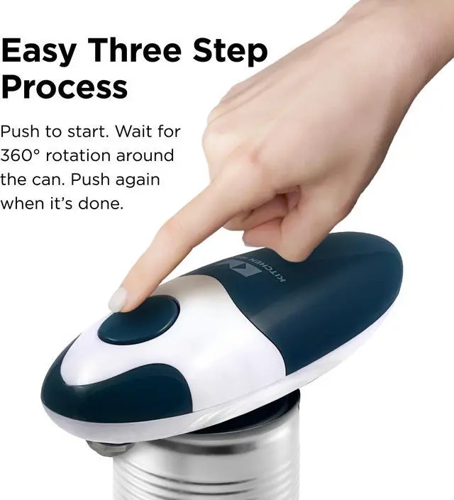 Alt view image 4 of 6 - Kitchen Mama Electric Can Opener 2.0: Upgraded Blade Opens Any Can Shape - No Sharp Edge, Food-Safe, Handy with Lid Lift, Battery Operated Handheld Can Opener (Navy Blue)