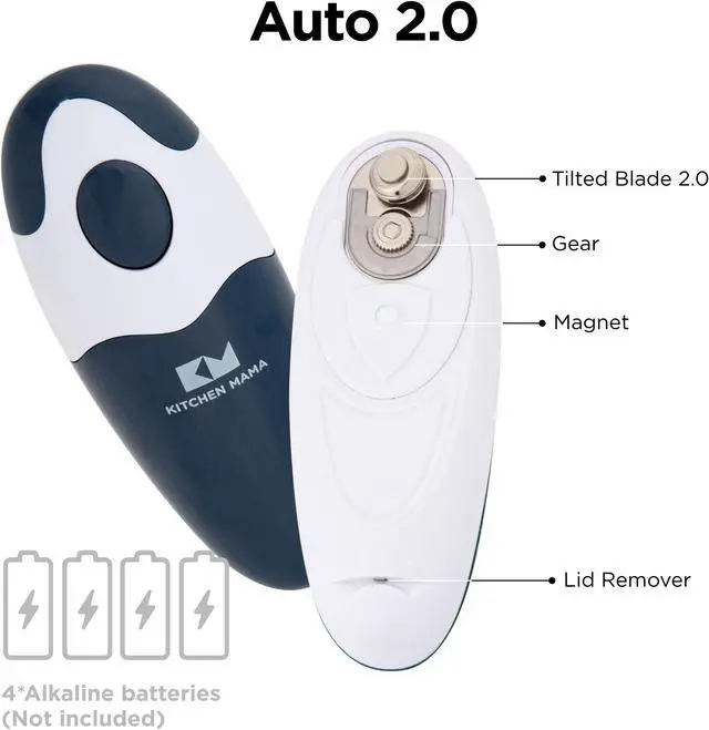 Alt view image 3 of 6 - Kitchen Mama Electric Can Opener 2.0: Upgraded Blade Opens Any Can Shape - No Sharp Edge, Food-Safe, Handy with Lid Lift, Battery Operated Handheld Can Opener (Navy Blue)
