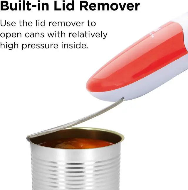 Alt view image 5 of 6 - Kitchen Mama Electric Can Opener 2.0: Upgraded Blade Opens Any Can Shape - No Sharp Edge, Food-Safe, Handy with Lid Lift, Battery Operated Handheld Can Opener (Red V2)