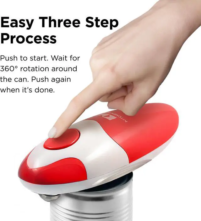 Alt view image 3 of 6 - Kitchen Mama Electric Can Opener 2.0: Upgraded Blade Opens Any Can Shape - No Sharp Edge, Food-Safe, Handy with Lid Lift, Battery Operated Handheld Can Opener (Red V2)