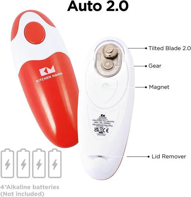 Alt view image 2 of 6 - Kitchen Mama Electric Can Opener 2.0: Upgraded Blade Opens Any Can Shape - No Sharp Edge, Food-Safe, Handy with Lid Lift, Battery Operated Handheld Can Opener (Red V2)