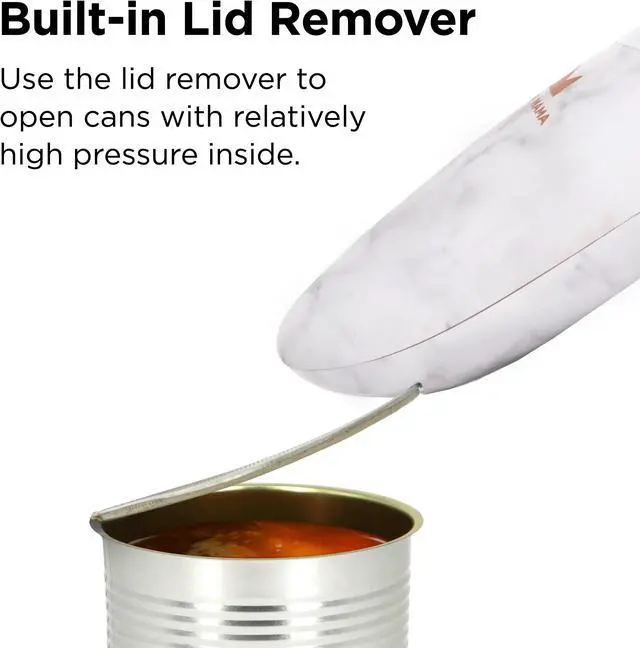 Alt view image 4 of 7 - Kitchen Mama Electric Can Opener 2.0: Upgraded Blade Opens Any Can Shape - No Sharp Edge, Food-Safe, Handy with Lid Lift, Battery Operated Handheld Can Opener (Marble White)