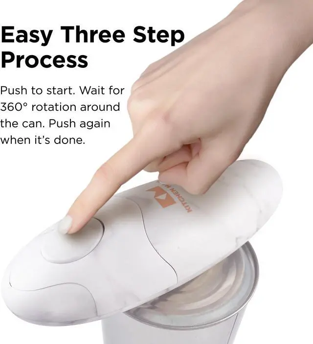 Alt view image 5 of 7 - Kitchen Mama Electric Can Opener 2.0: Upgraded Blade Opens Any Can Shape - No Sharp Edge, Food-Safe, Handy with Lid Lift, Battery Operated Handheld Can Opener (Marble White)