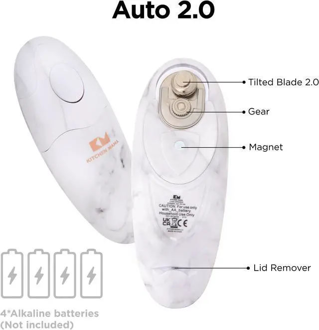 Alt view image 6 of 7 - Kitchen Mama Electric Can Opener 2.0: Upgraded Blade Opens Any Can Shape - No Sharp Edge, Food-Safe, Handy with Lid Lift, Battery Operated Handheld Can Opener (Marble White)