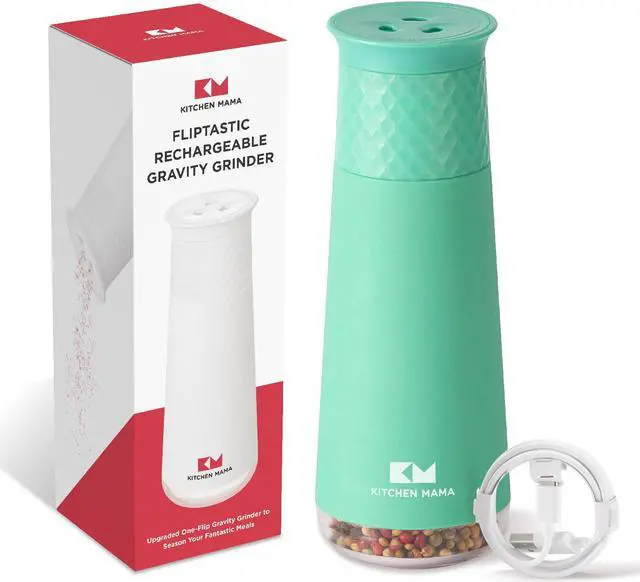 Main image of Kitchen Mama Rechargeable Gravity Salt and Pepper Grinder, Adjustable Coarseness, Refillable, Electric One-Hand-Operated, Small & Light Seasoning Tools - Automatic Spice Shakers Dispenser (Teal)