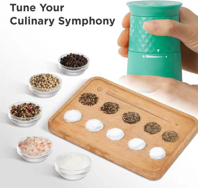 Alt view image 5 of 6 - Kitchen Mama Rechargeable Gravity Salt and Pepper Grinder, Adjustable Coarseness, Refillable, Electric One-Hand-Operated, Small & Light Seasoning Tools - Automatic Spice Shakers Dispenser (Teal)