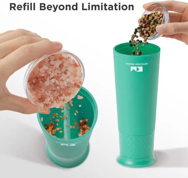 Alt view image 4 of 6 - Kitchen Mama Rechargeable Gravity Salt and Pepper Grinder, Adjustable Coarseness, Refillable, Electric One-Hand-Operated, Small & Light Seasoning Tools - Automatic Spice Shakers Dispenser (Teal)