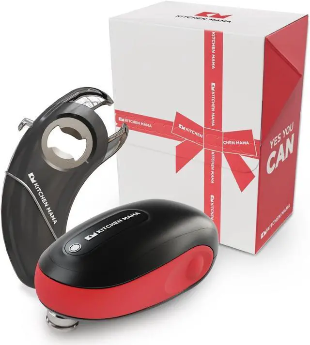 Main image of Kitchen Mama Gift Set Electric Can Opener & Bottle Opener, Cool Gifts for Him, Automatic can opener (One-To-Go) Hands Free, Smooth Edge, 6 in 1 Manual Opener (Epic One) (Red & Metal Gray)