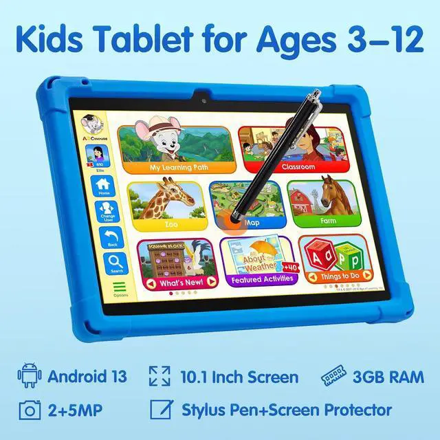 Alt view image 3 of 7 - YYSWIE Tablet for Kids 10 inch with Case & Stylus Pen, 3GB RAM+32GB ROM Android 13 Kids Learning Tablet, KIDOZ Pre-Installed Toddlers Tablet, 5000mAh Childrens Tablets with GMS, WiFi, BT