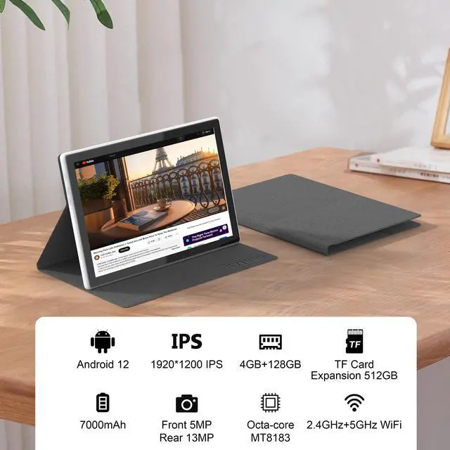 Alt view image 3 of 6 - BYYBUO Tablet 10.1 inch Android 12 Tablets, 4GB RAM+128GB ROM, 1920x1200 IPS FHD Display, 7000mAh Battery, 5.0MP+13.0MP Camera, Octa-Core Processor, 2.4G+5G WiFi, Bluetooth, GPS, FM (2024 Gray)