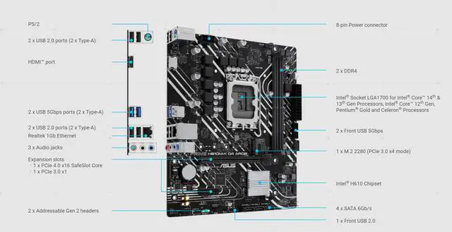 Alt view image 4 of 7 - ASUS PRIME H610M-K D4 ARGB Intel H610 (LGA 1700) micro-ATX motherboard with DDR4, PCIe 4.0, M.2 slot, Realtek 1 Gb Ethernet,Two-Way AI Noise Cancelation, Aura Sync