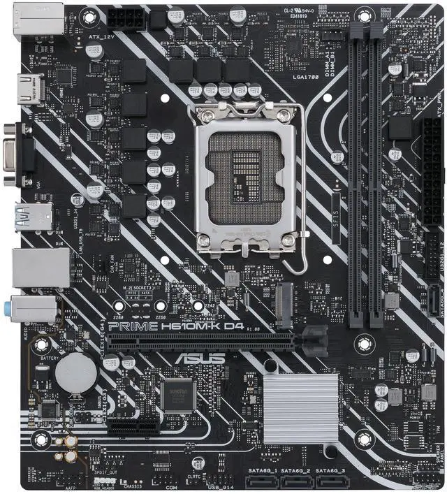 Main image of ASUS PRIME H610M-K D4 Intel H610 (LGA 1700) mic-ATX motherboard, DDR4, PCIe 4.0, M.2 slot, Realtek 1 Gb Ethernet, HDMI/D-Sub, USB 3.2 Gen 1 ports, SATA 6 Gbps, COM header, 5X PROTECTION III