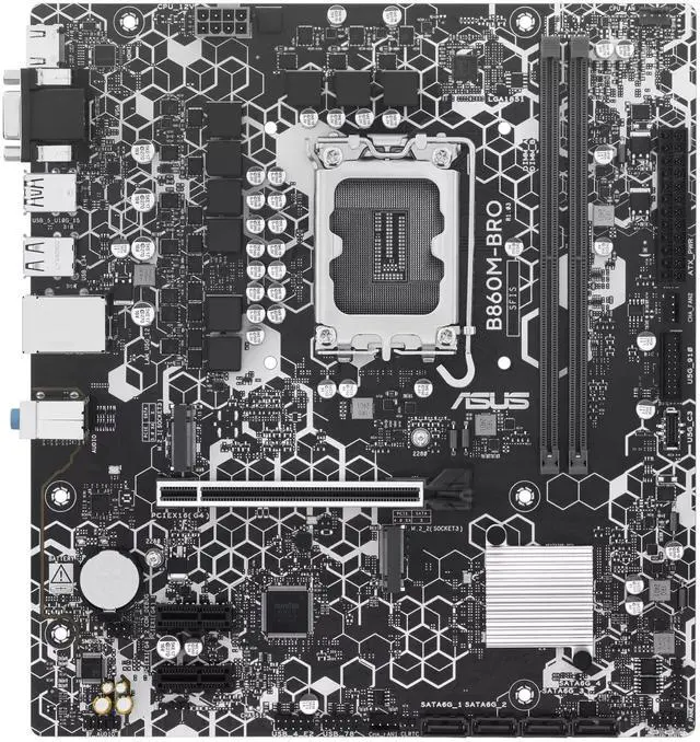 Main image of ASUS B860M-BRO Intel B860 (LGA1851) mATX motherboard, PCIe 4.0, 2 x M.2 slots, DDR5, Realtek 2.5Gb Ethernet, HDMI, VGA, SATA 6 Gbps, rear USB 10Gbps Type-A, front USB 5Gbps Type-C®