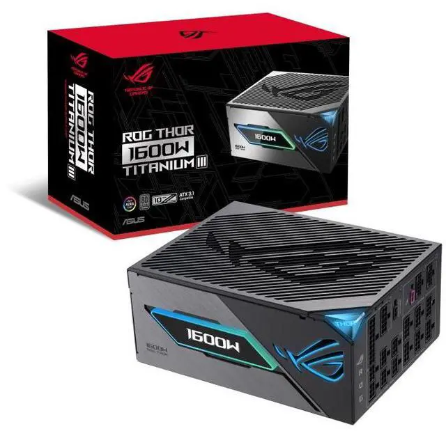 Main image of ASUS ROG Thor 1600W Titanium III Fully Modular Power Supply (80 PLUS Titanium Certified, ATX 3.1, 0dB Mode, Magnetic OLED Display, Turbo Mode,Sleeved Cables, Aura Sync)