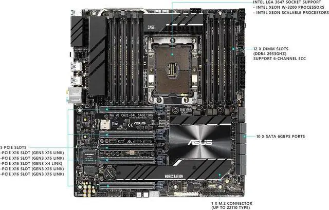 Alt view image 4 of 5 - ASUS Pro WS C621-64L SAGE/10G Intel LGA 3647 CEB Workstation Motherboard with Dual Intel 10G LAN and Support for 4 GPUs, 12 DIMMs, 10 SATAs, M.2, USB 3.2 Gen 2