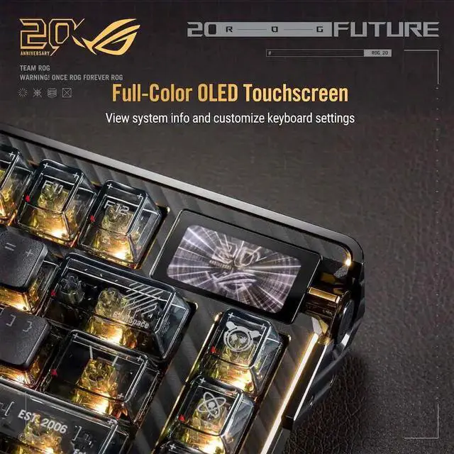 Alt view image 4 of 7 - ASUS ROG 20th Edition Azoth Extreme - Wireless Mechanical Gaming Keyboard - 75% TKL, ROG NX Storm V2 Linear Switch, Aluminum Chassis, Carbon Fiber, Color OLED Screen, PBT Keycaps, Gold/Black
