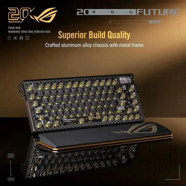 Alt view image 3 of 7 - ASUS ROG 20th Edition Azoth Extreme - Wireless Mechanical Gaming Keyboard - 75% TKL, ROG NX Storm V2 Linear Switch, Aluminum Chassis, Carbon Fiber, Color OLED Screen, PBT Keycaps, Gold/Black