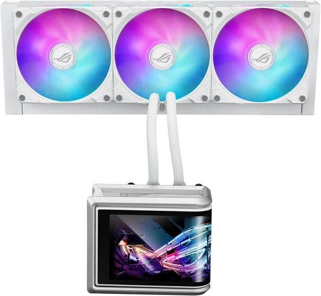 Alt view image 2 of 7 - ASUS ROG RYUO IV SLC 360 ARGB White Edition All-in-one AIO Liquid CPU Cooler, 200mm short water,3D visual effects, curved 6.67'' AMOLED screen and ROG AF 12C ARGB fan, AMD AM4/AM5 & Intel LGA1851/1700
