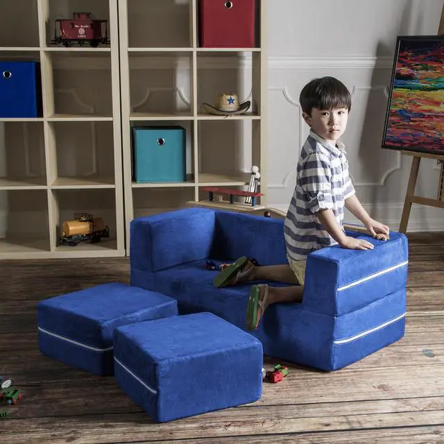 Alt view image 4 of 7 - Jaxx Zipline Modular Kids Loveseat & Ottomans, Blueberry