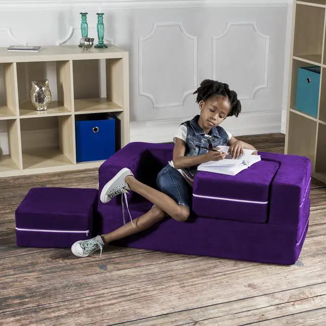 Alt view image 7 of 7 - Jaxx Zipline Modular Kids Loveseat & Ottomans, Grape