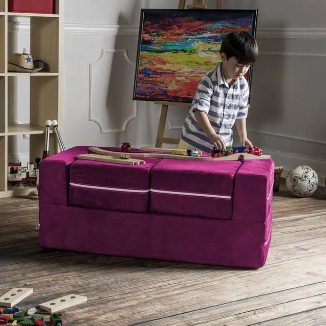 Alt view image 6 of 7 - Jaxx Zipline Modular Kids Loveseat & Ottomans, Fuchsia