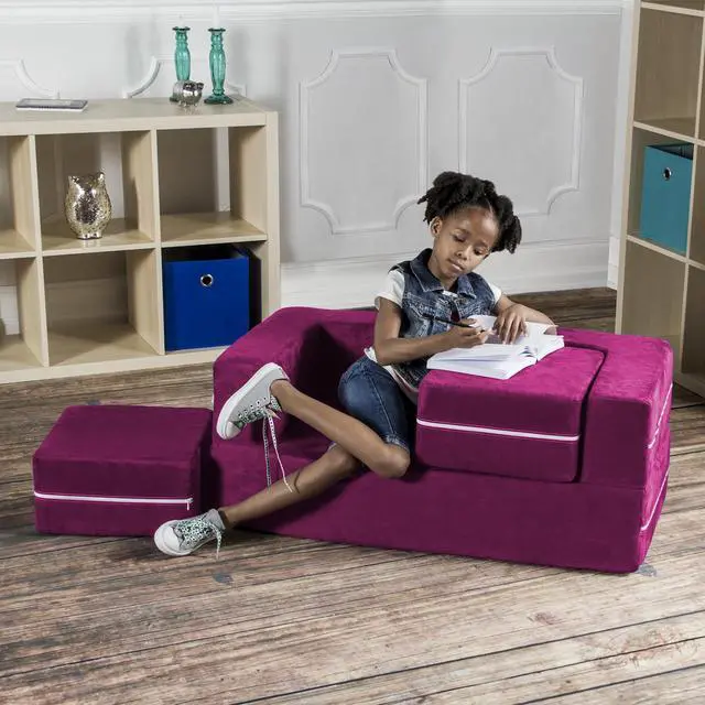 Alt view image 7 of 7 - Jaxx Zipline Modular Kids Loveseat & Ottomans, Fuchsia