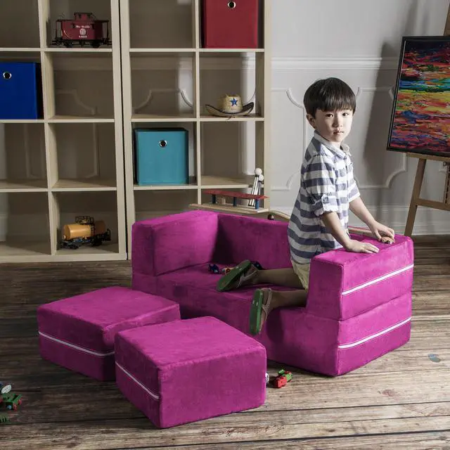 Alt view image 4 of 7 - Jaxx Zipline Modular Kids Loveseat & Ottomans, Fuchsia